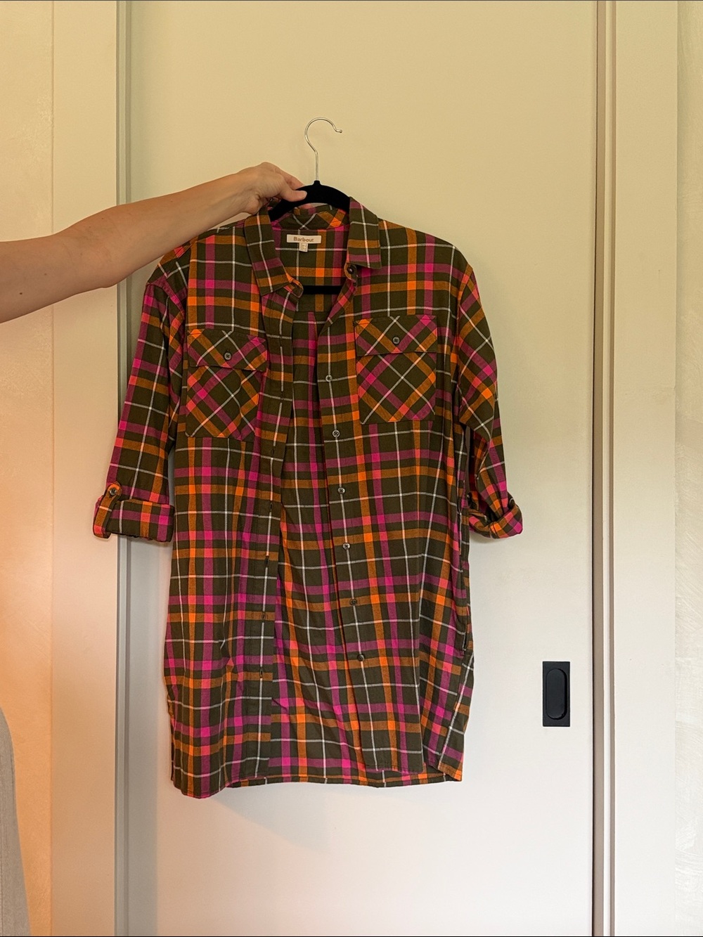 Barbour Olive Plaid Shirt Dress with Pink & Orange Trim